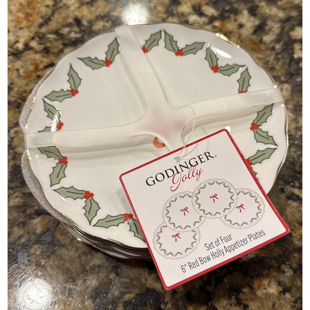 Godinger Jolly Red Bow Holly 6 Inch Appetizer‎ Dessert Plates Set Of 4 NEW